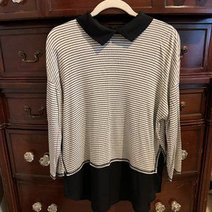 Black & White Striped Layered Look Top With Peter Pan Collar - Size MP